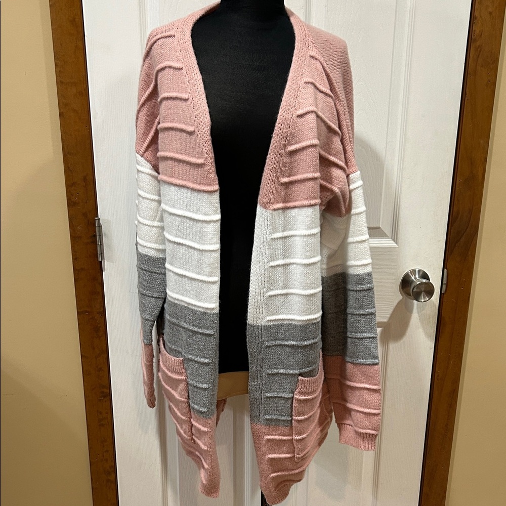 Cozy & Chic XXL Pink, White & Gray Cardigan – Soft Knit, Open Front